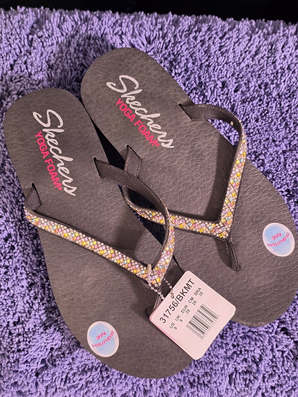 Skechers Black Flip Flop Sandals with Multicolor Beaded Straps